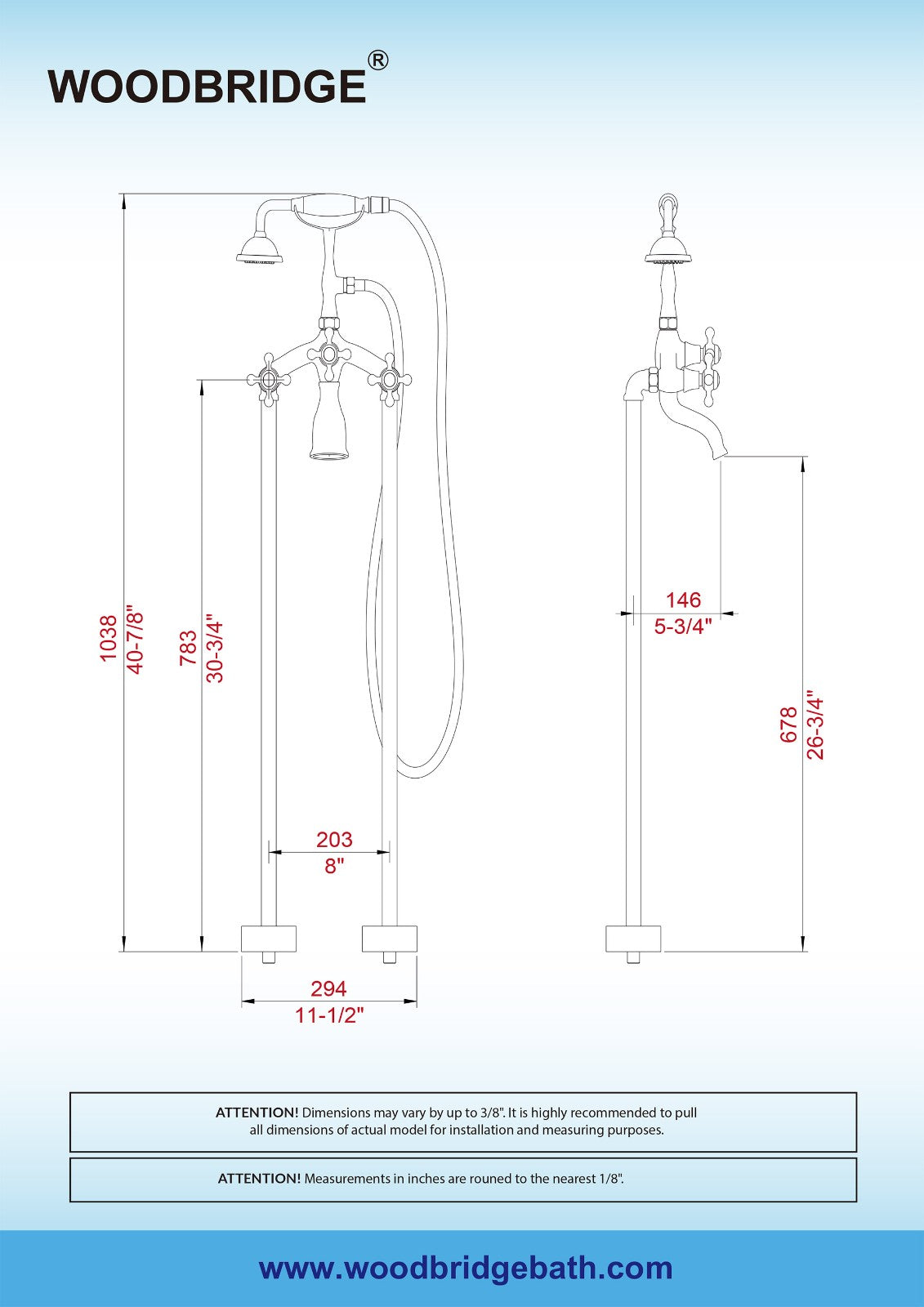 WOODBRIDGE F0018BN Freestanding Clawfoot Tub Filler Faucet with Hand Shower and Hose