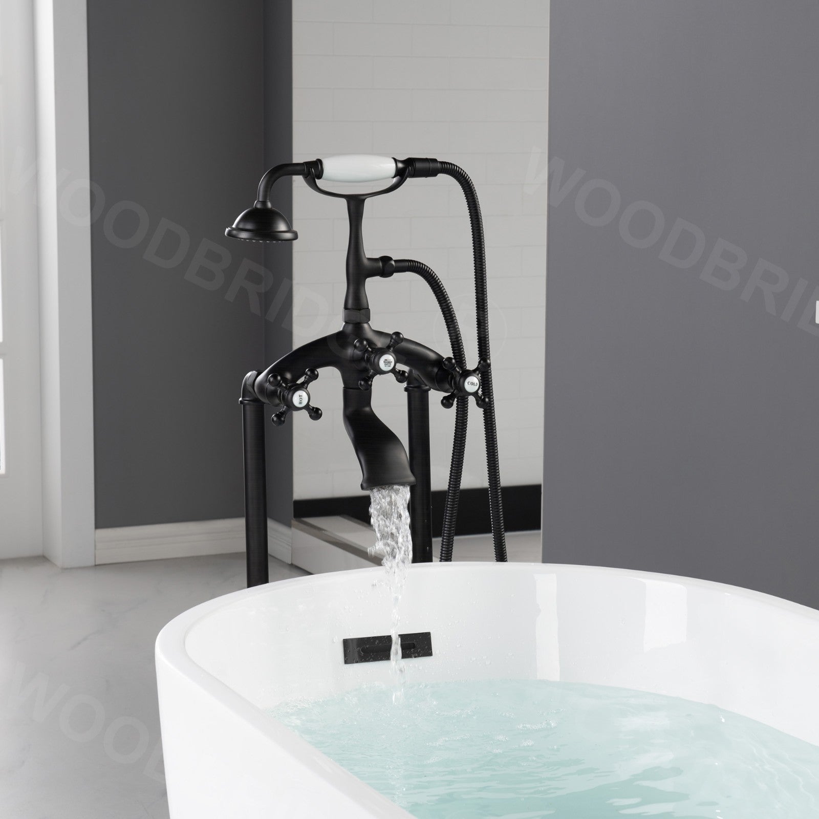 WOODBRIDGE F0018BN Freestanding Clawfoot Tub Filler Faucet with Hand Shower and Hose