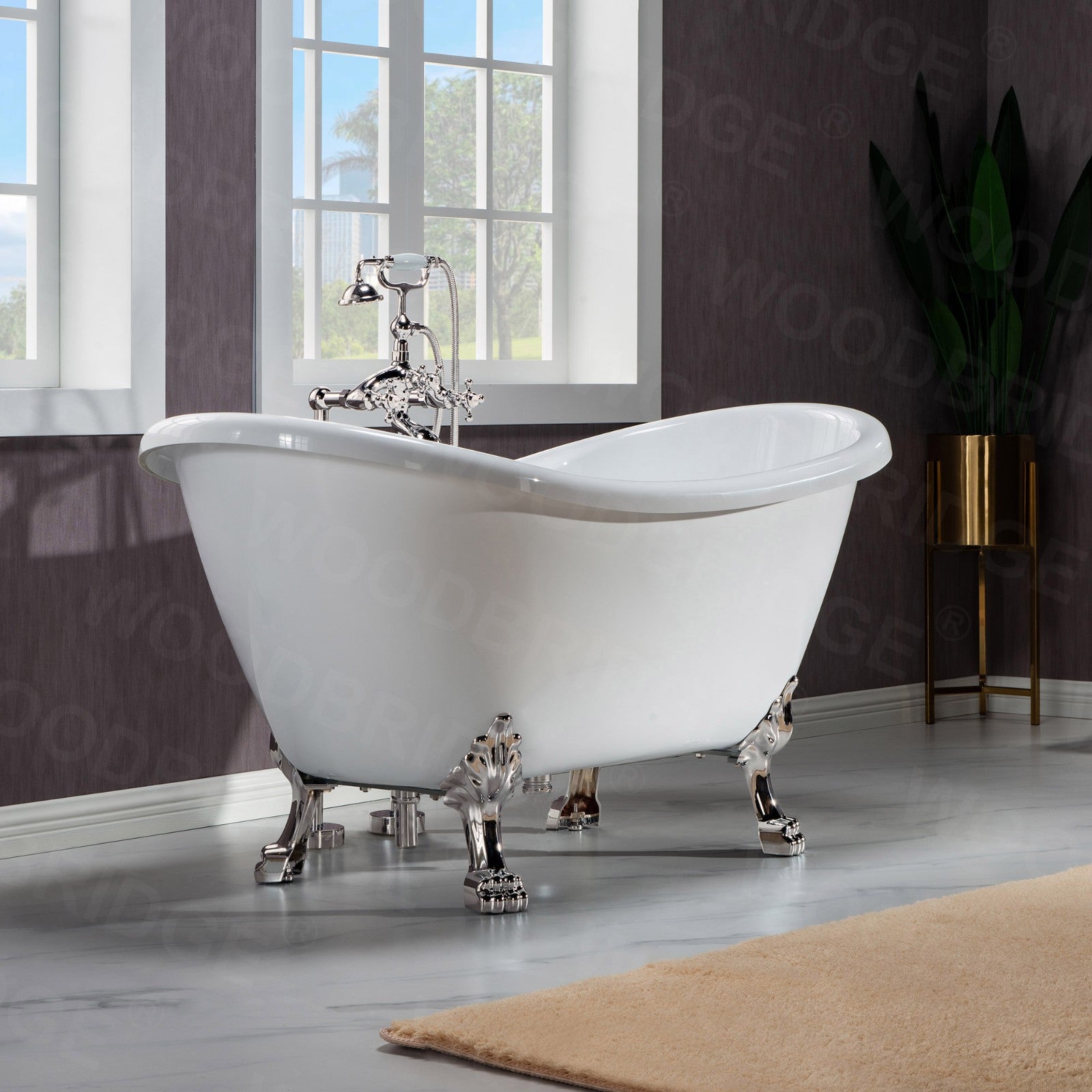 WOODBRIDGE 59" Heavy Duty Acrylic Double Slipper Clawfoot Bath Tub with Drain & Overflow, BTA1540