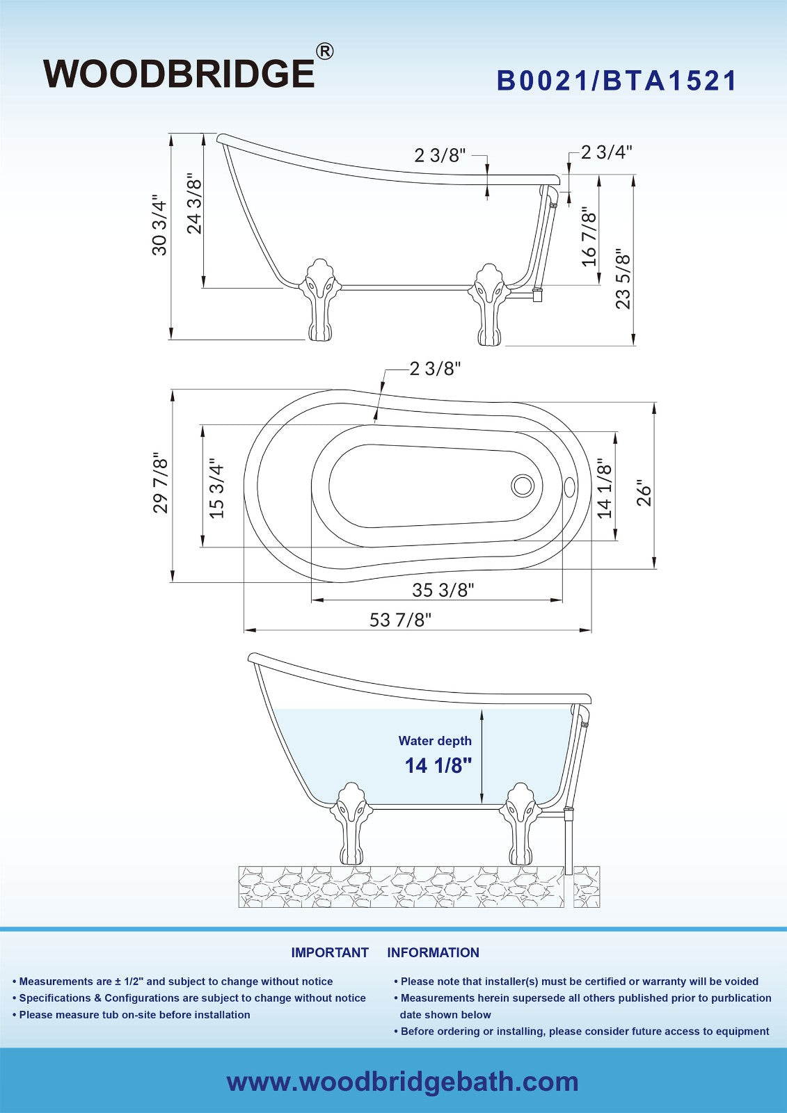 WOODBRIDGE 54" Heavy Duty Acrylic Slipper Clawfoot Bathtub with Drain & Overflow – Multiple Finishes, B0021 Series