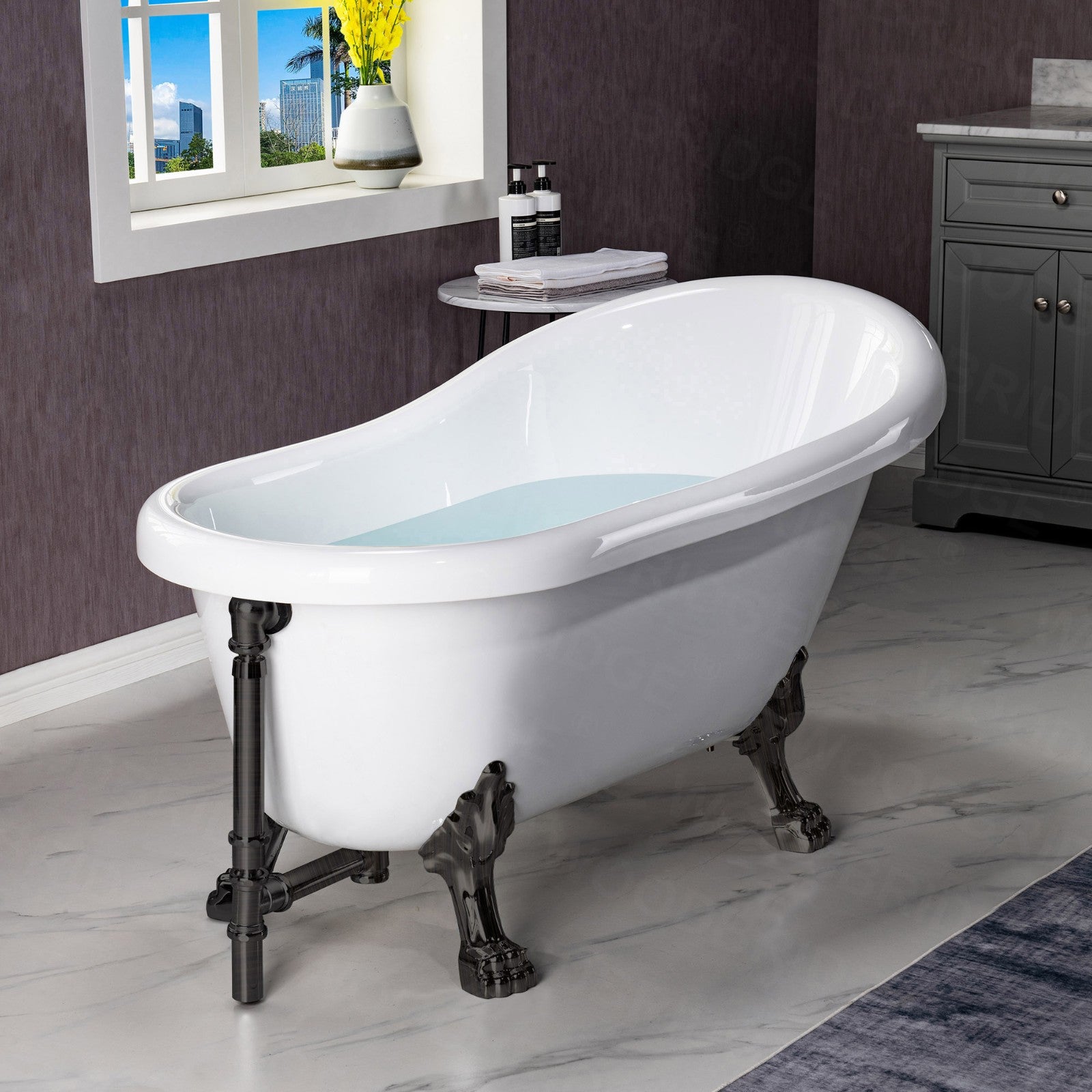 WOODBRIDGE 54" Heavy Duty Acrylic Slipper Clawfoot Bathtub with Drain & Overflow – Multiple Finishes, B0021 Series