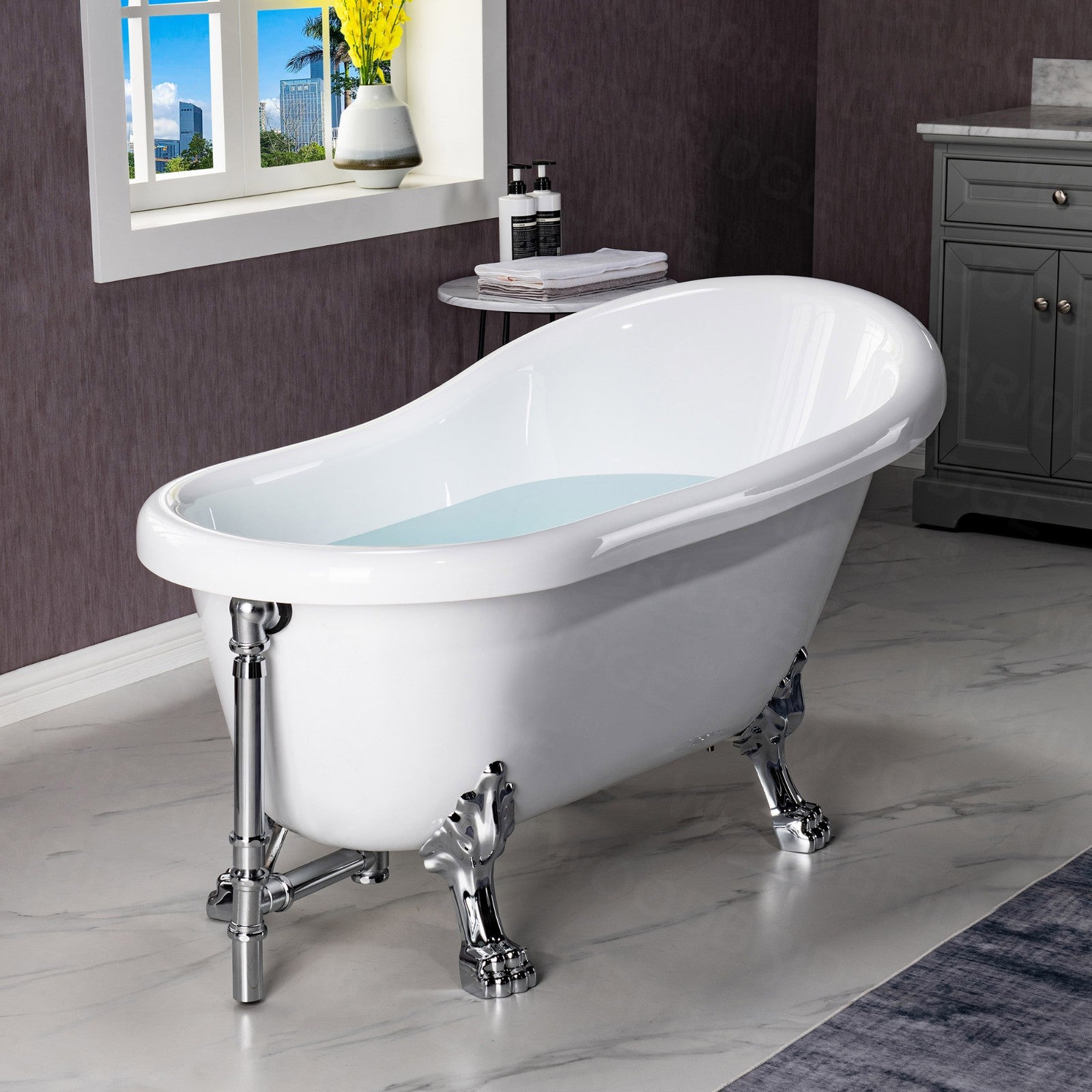 WOODBRIDGE 54" Heavy Duty Acrylic Slipper Clawfoot Bathtub with Drain & Overflow – Multiple Finishes, B0021 Series