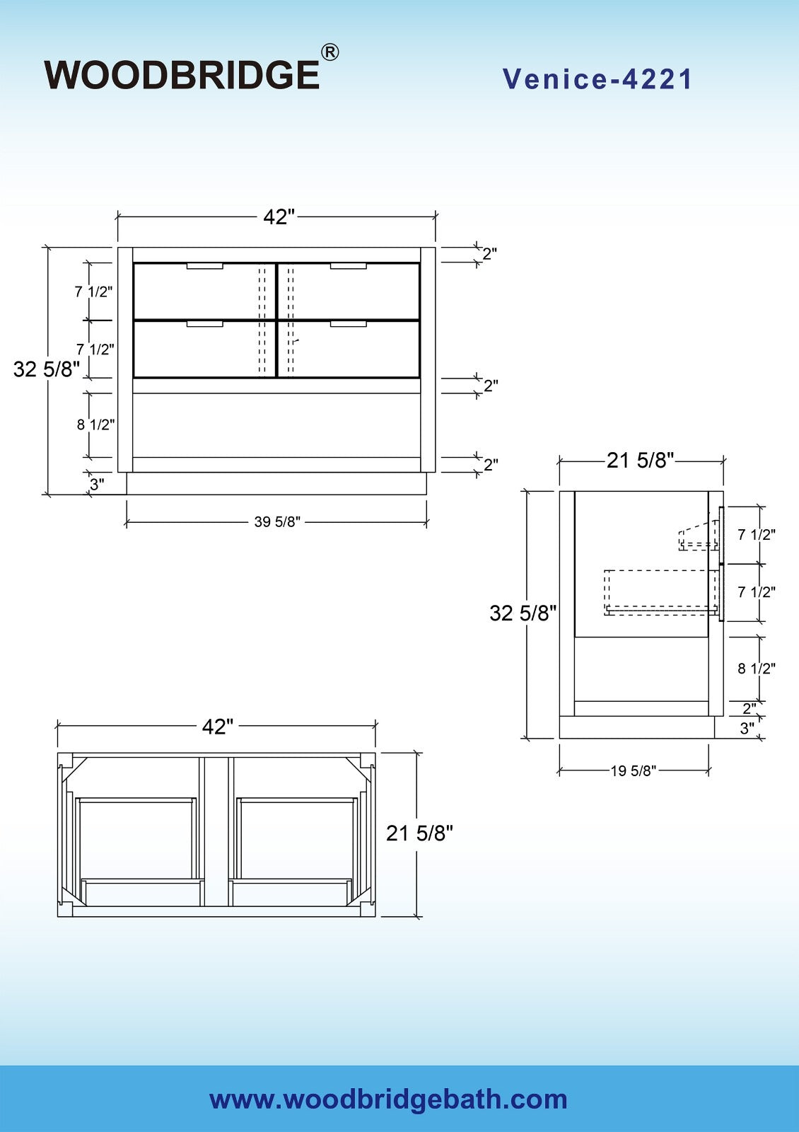 WOODBRIDGE Venice 42"x21"x33" Solid Wood Bath Vanities Cabinet Only with Drawers in Grey and Brushed Nickel Hardware, Venice-4221-Grey-BN