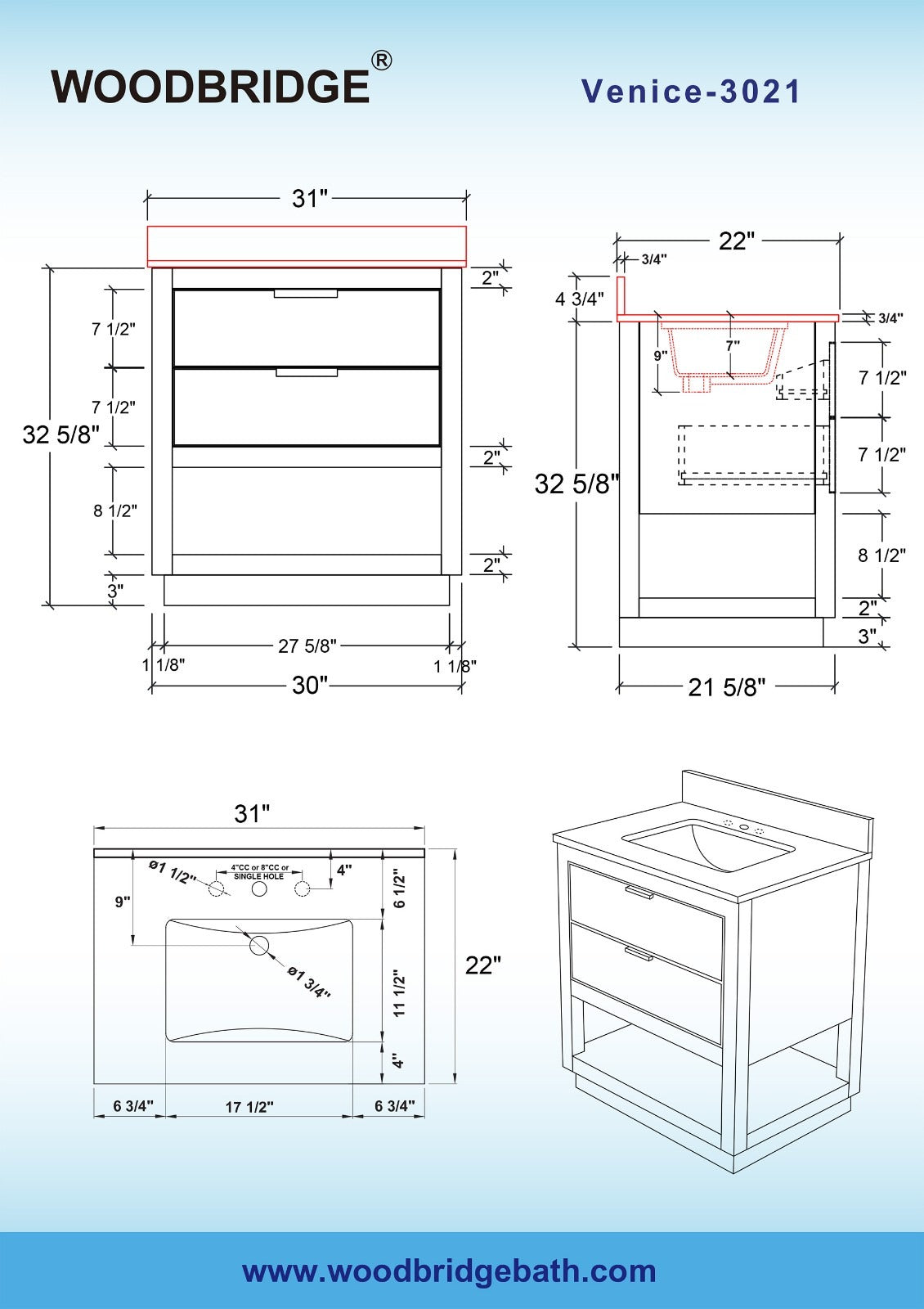 WOODBRIDGE Venice 30"x21"x33" Solid Wood Bath Vanities Side Cabinet