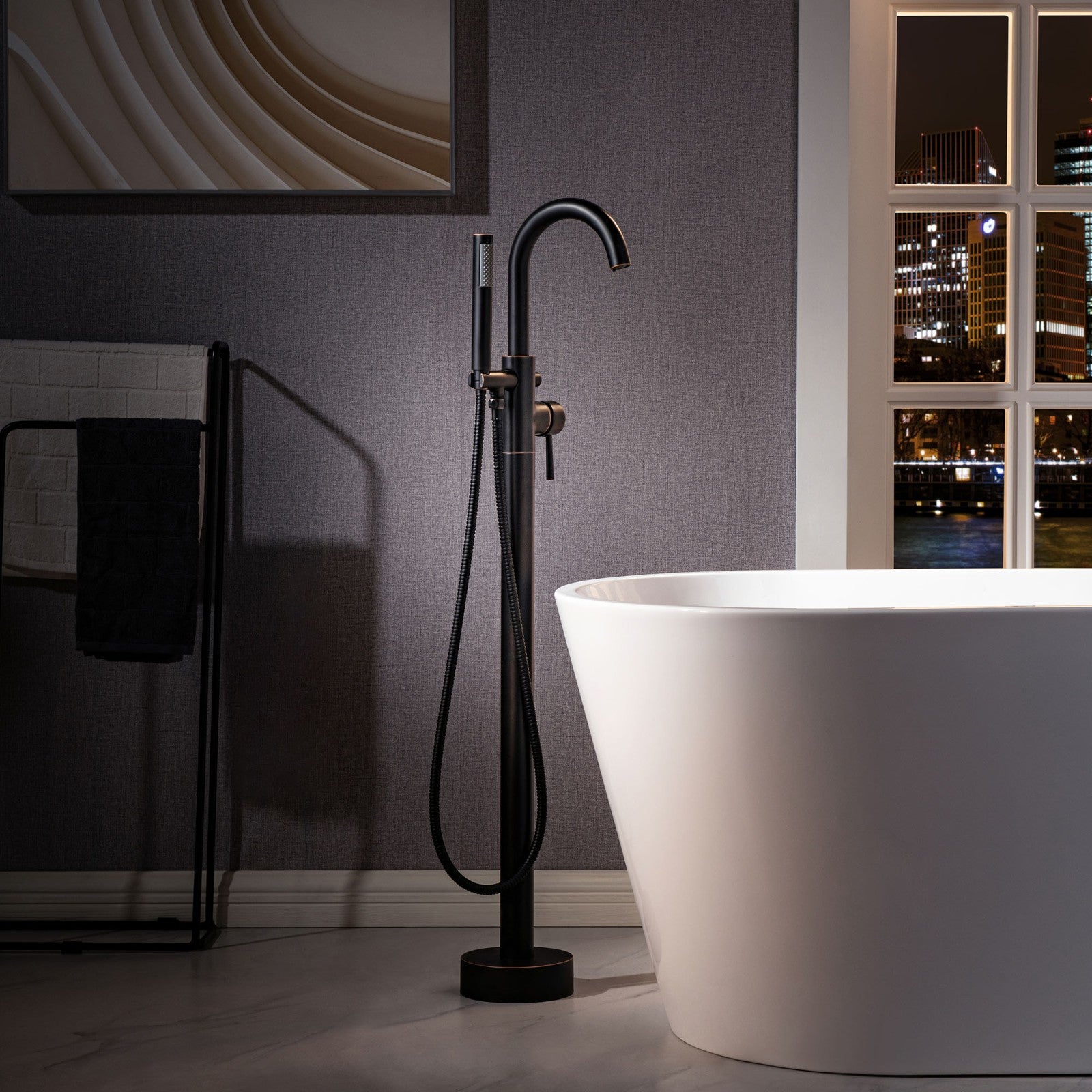 WOODBRIDGE Contemporary Single Handle Floor Mount Freestanding Tub Filler Faucet with Cylinder Shape Hand shower