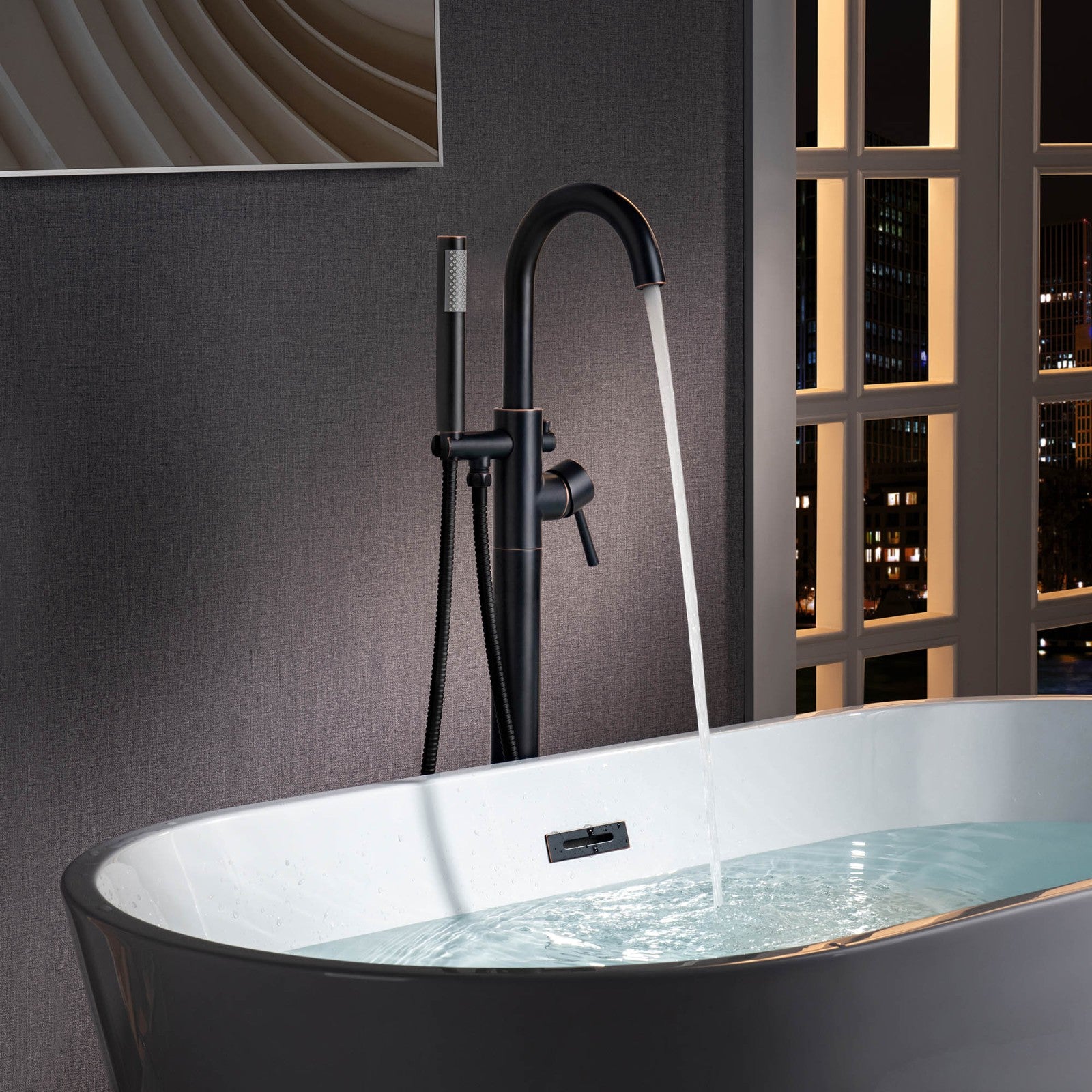 WOODBRIDGE Contemporary Single Handle Floor Mount Freestanding Tub Filler Faucet with Cylinder Shape Hand shower