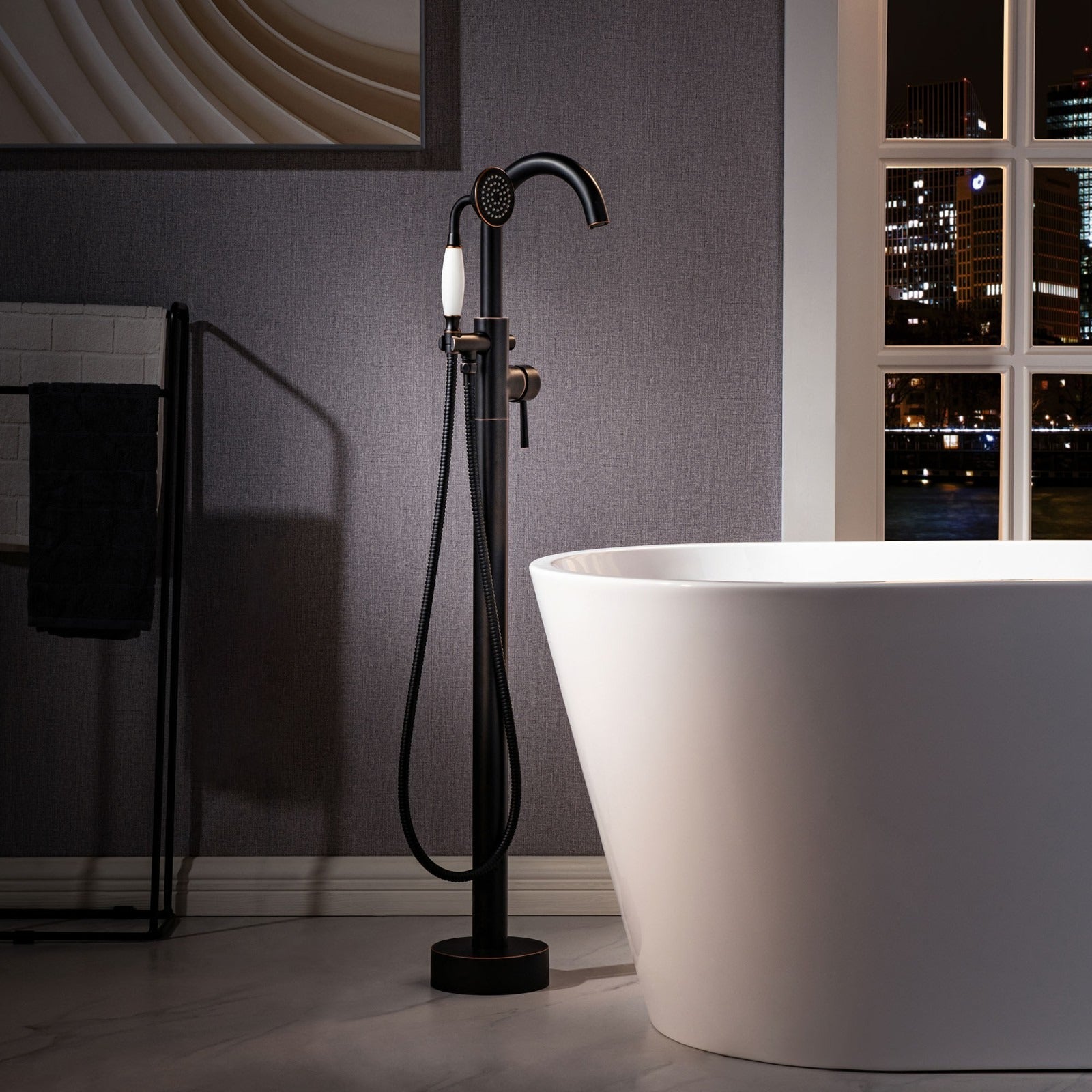 WOODBRIDGE Fusion Single Handle Floor Mount Freestanding Tub Filler Faucet with Telephone Hand shower
