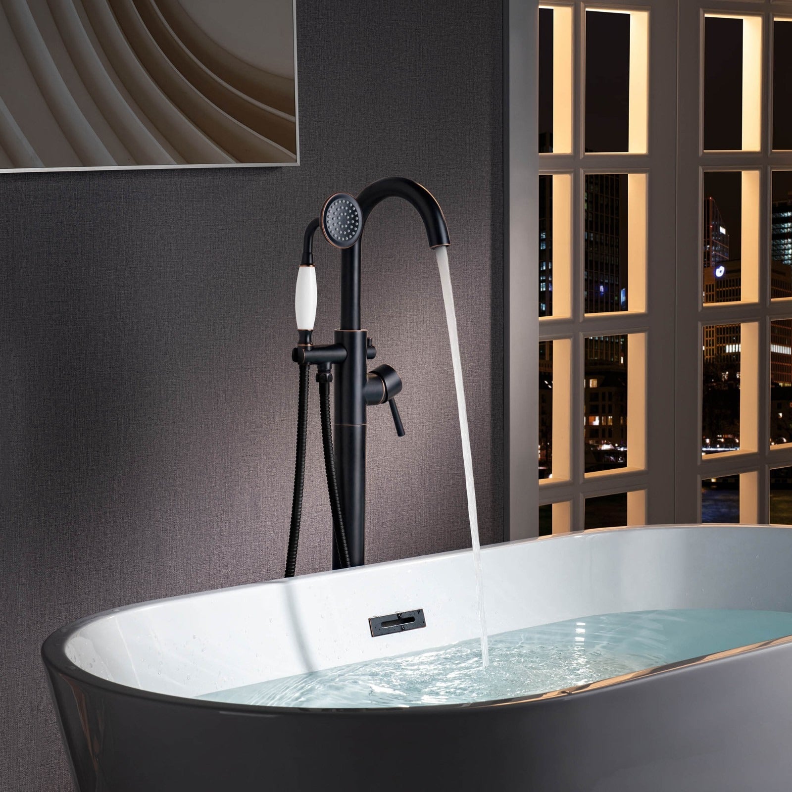WOODBRIDGE Fusion Single Handle Floor Mount Freestanding Tub Filler Faucet with Telephone Hand shower