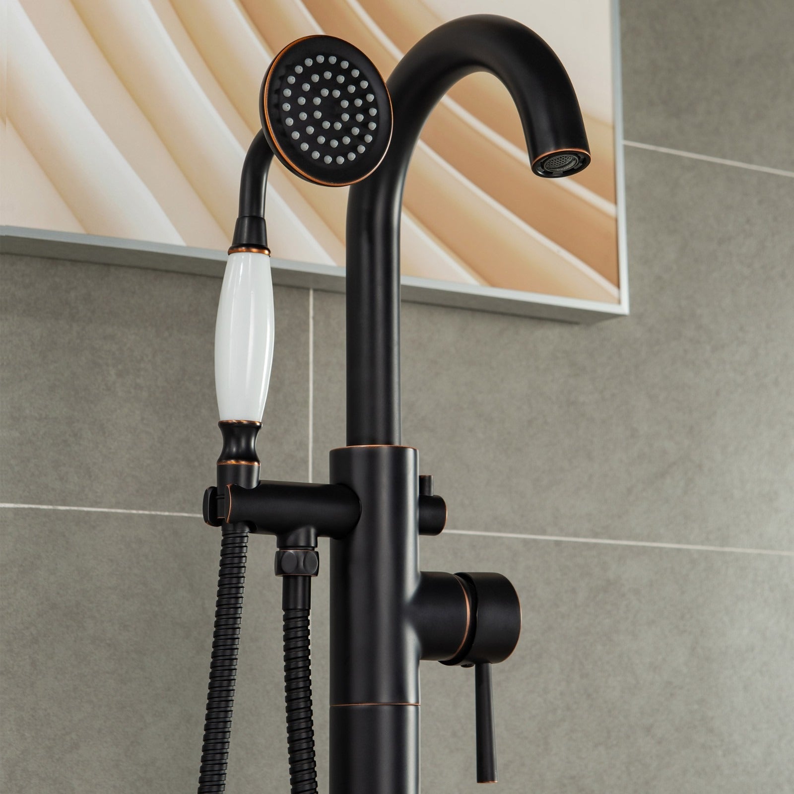WOODBRIDGE Fusion Single Handle Floor Mount Freestanding Tub Filler Faucet with Telephone Hand shower