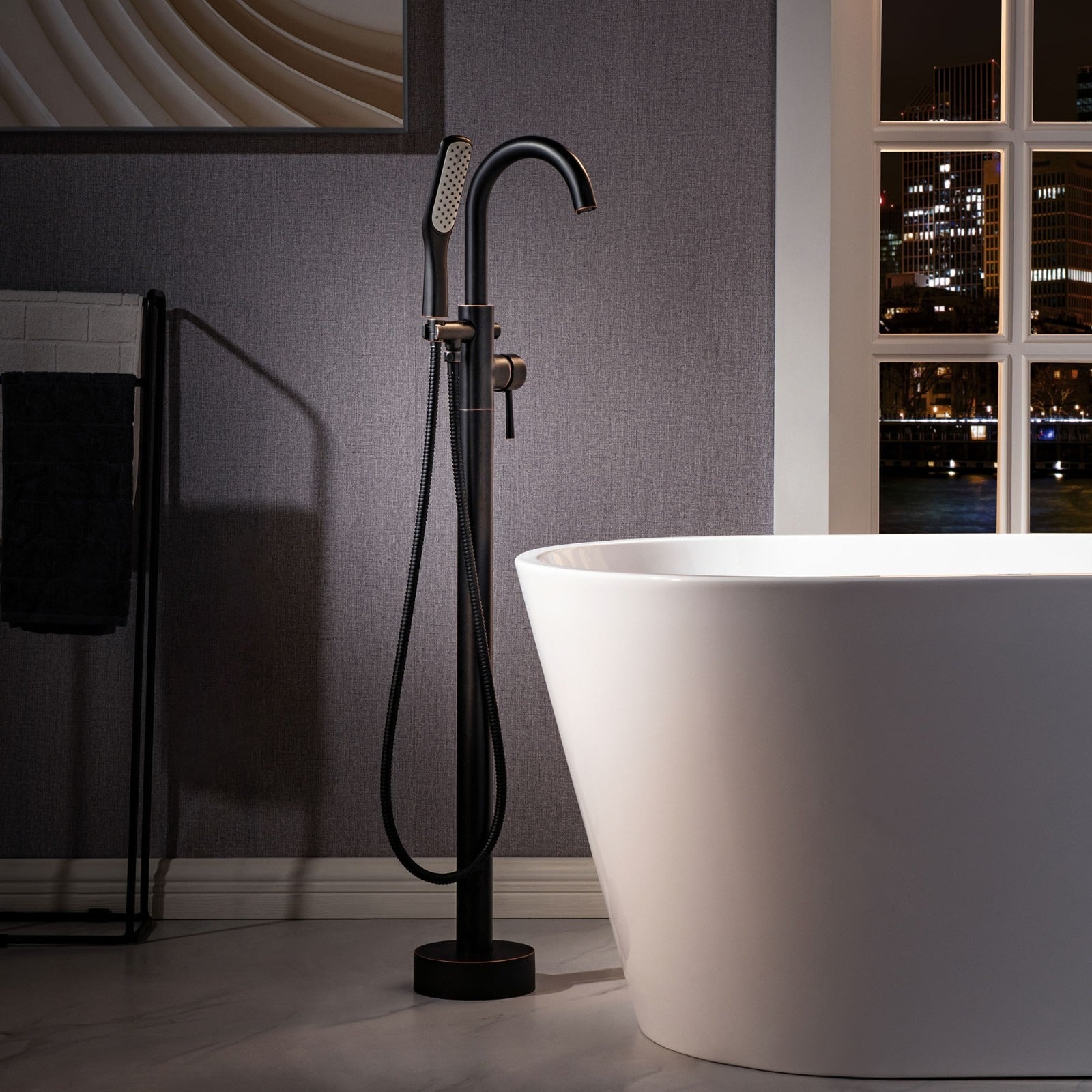 WOODBRIDGE Fusion Single Handle Floor Mount Freestanding Tub Filler Faucet with Square Comfort Grip Hand Shower