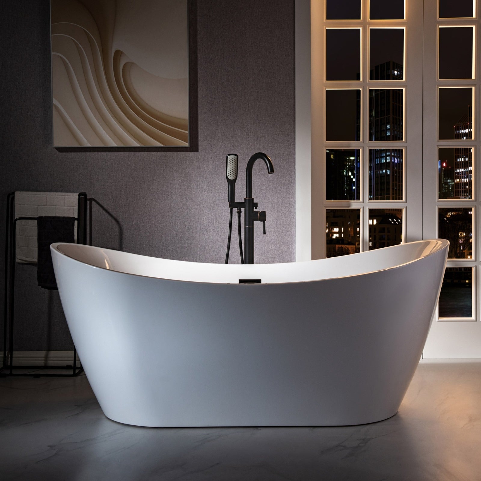 WOODBRIDGE Fusion Single Handle Floor Mount Freestanding Tub Filler Faucet with Square Comfort Grip Hand Shower