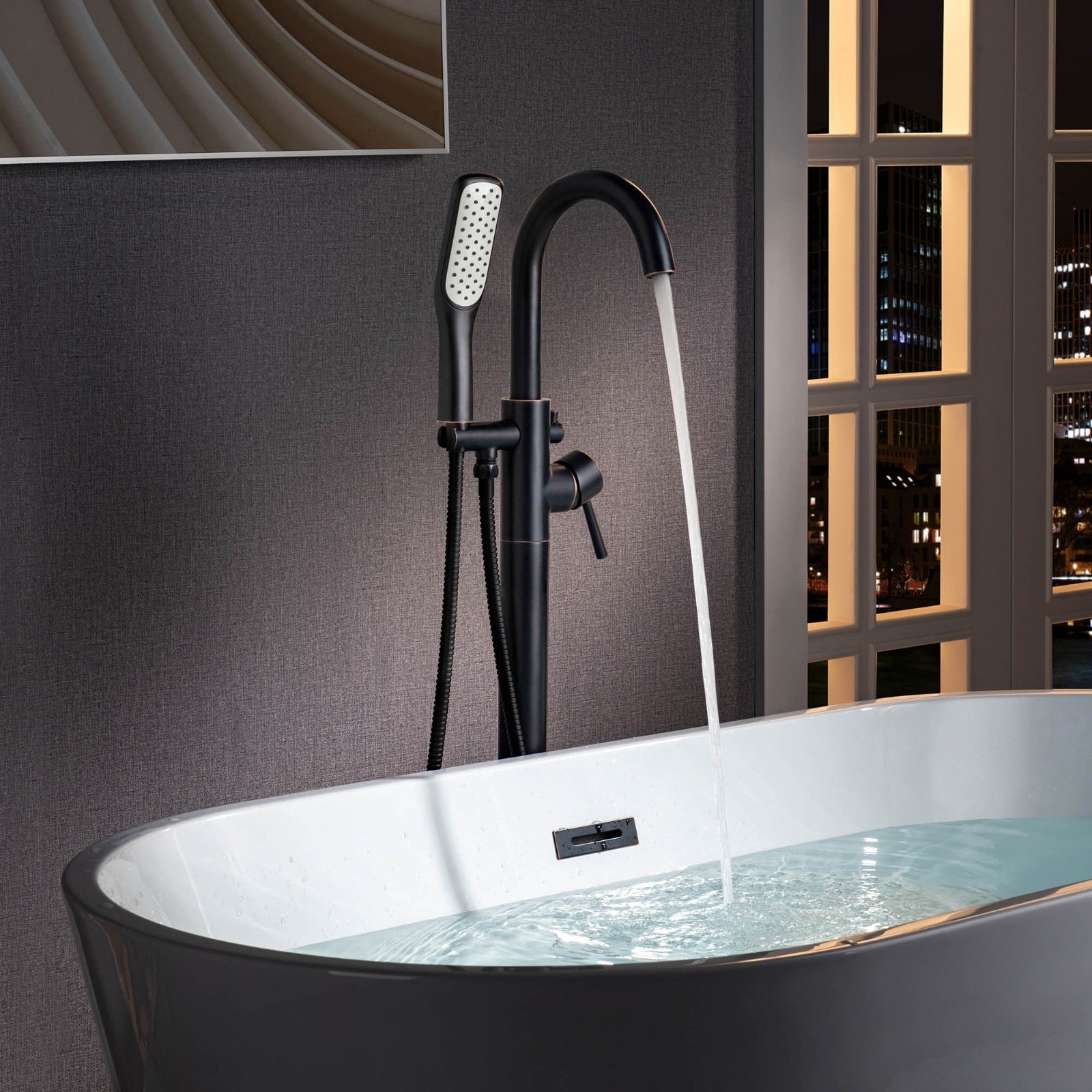 WOODBRIDGE Fusion Single Handle Floor Mount Freestanding Tub Filler Faucet with Square Comfort Grip Hand Shower
