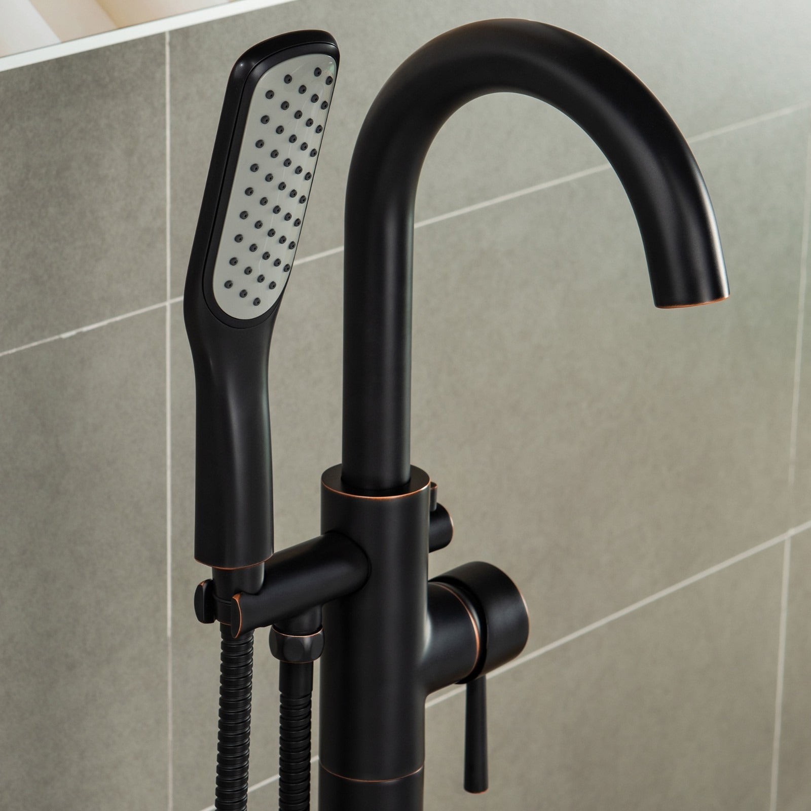 WOODBRIDGE Fusion Single Handle Floor Mount Freestanding Tub Filler Faucet with Square Comfort Grip Hand Shower