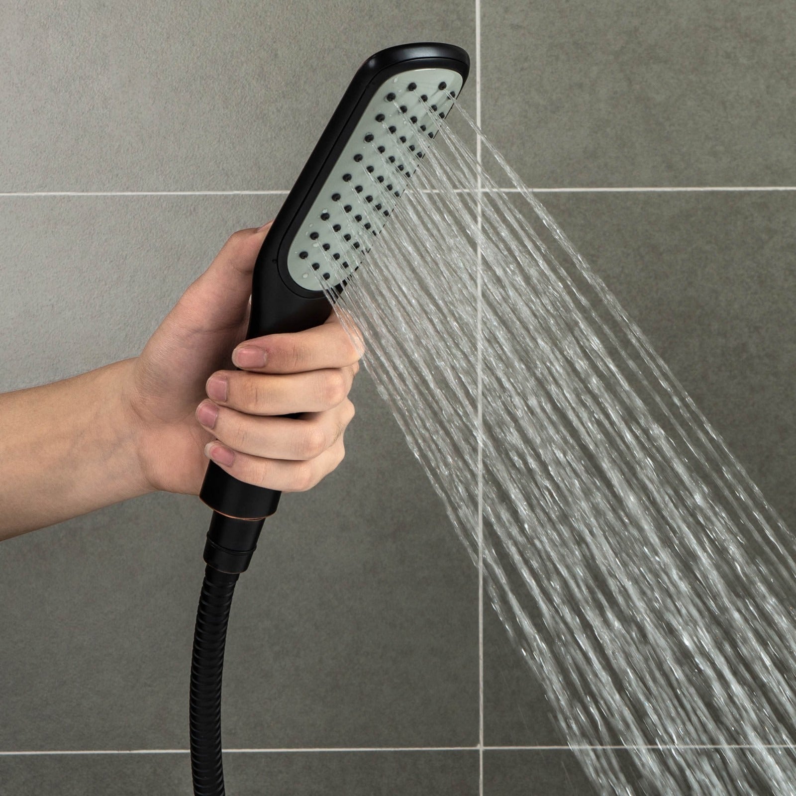 WOODBRIDGE Fusion Single Handle Floor Mount Freestanding Tub Filler Faucet with Square Comfort Grip Hand Shower