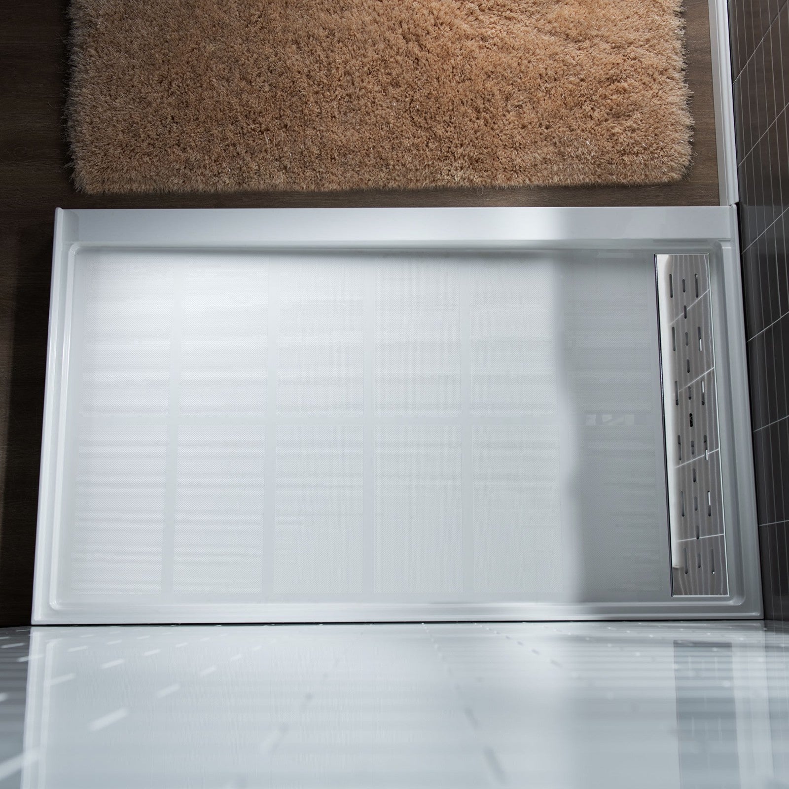 WOODBRIDGE SBR6036-1000R-CH SolidSurface Shower Base with Recessed Trench Side Including Chrome Linear Cover, 60" L x 36" W x 4" H,Right Drain White ColorRight