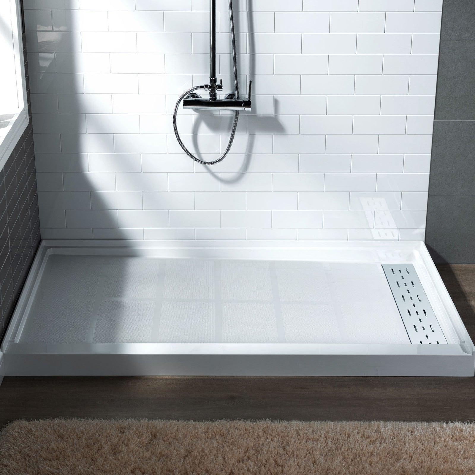 WOODBRIDGE SBR6036-1000R-CH SolidSurface Shower Base with Recessed Trench Side Including Chrome Linear Cover, 60" L x 36" W x 4" H,Right Drain White ColorRight