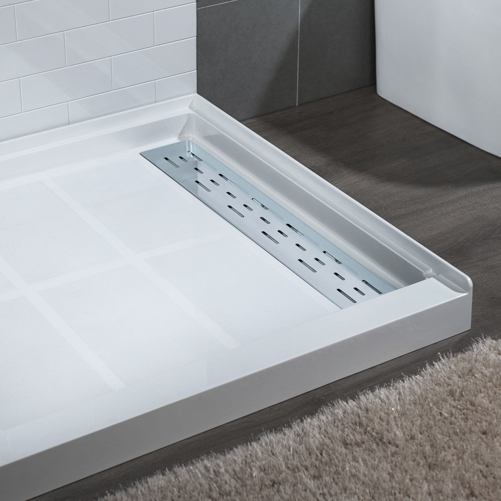 WOODBRIDGE SBR6036-1000R-CH SolidSurface Shower Base with Recessed Trench Side Including Chrome Linear Cover, 60" L x 36" W x 4" H,Right Drain White ColorRight