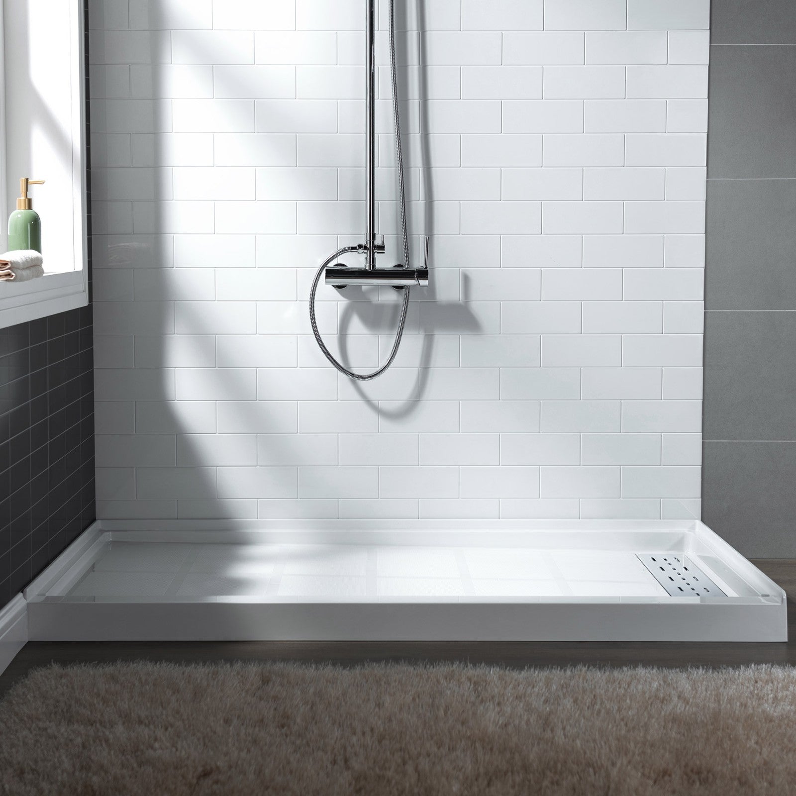 WOODBRIDGE SBR6036-1000R-CH SolidSurface Shower Base with Recessed Trench Side Including Chrome Linear Cover, 60" L x 36" W x 4" H,Right Drain White ColorRight