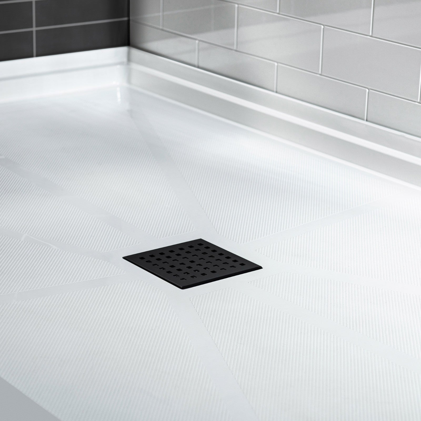 WOODBRIDGE SBR6036-1000C-MB SolidSurface Shower Base with Recessed Trench Side Including Matte Black Linear Cover, 60" L x 36" W x 4" H,Center Drain White Color