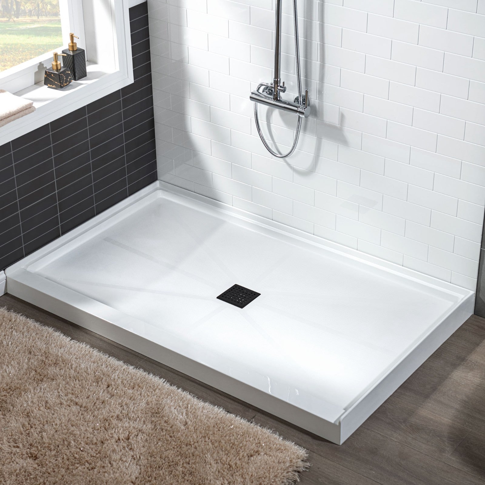 WOODBRIDGE SBR6036-1000C-MB SolidSurface Shower Base with Recessed Trench Side Including Matte Black Linear Cover, 60" L x 36" W x 4" H,Center Drain White Color