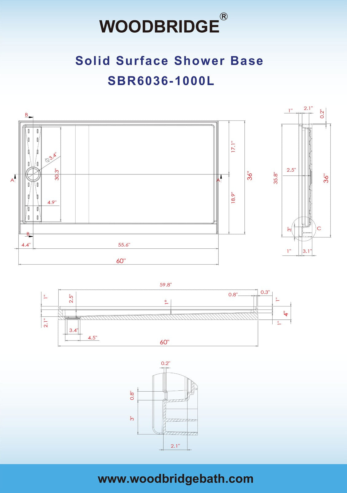 WOODBRIDGE SBR6036-1000L-MB SolidSurface Shower Base with Recessed Trench Side Including Matte Black Linear Cover, 60" L x 36" W x 4" H,Left Drain White Color