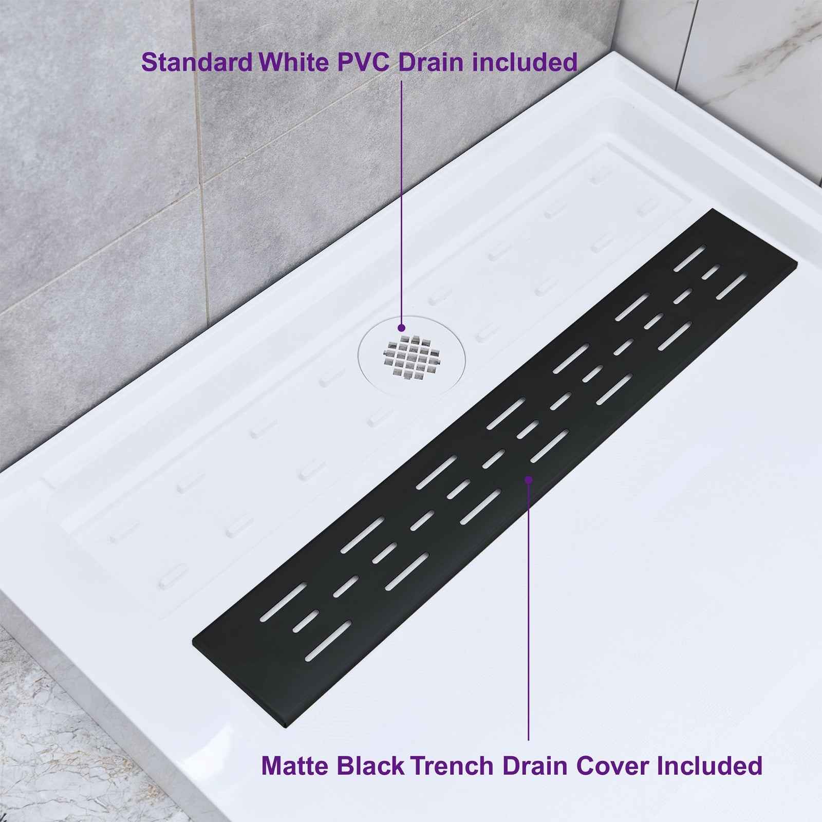 WOODBRIDGE SBR6036-1000R-MB SolidSurface Shower Base with Recessed Trench Side Including Matte Black Linear Cover, 60" L x 36" W x 4" H,Right Drain White Color
