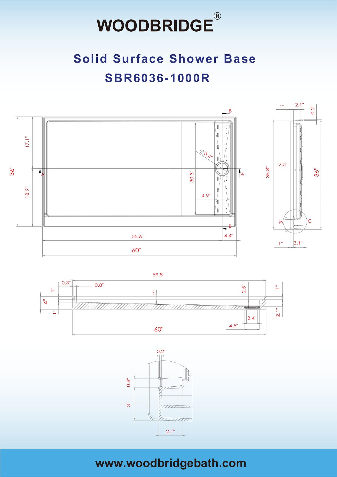 WOODBRIDGE SBR6036-1000R-MB SolidSurface Shower Base with Recessed Trench Side Including Matte Black Linear Cover, 60" L x 36" W x 4" H,Right Drain White Color