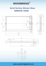 WOODBRIDGE SBR6036-1000R-MB SolidSurface Shower Base with Recessed Trench Side Including Matte Black Linear Cover, 60" L x 36" W x 4" H,Right Drain White Color