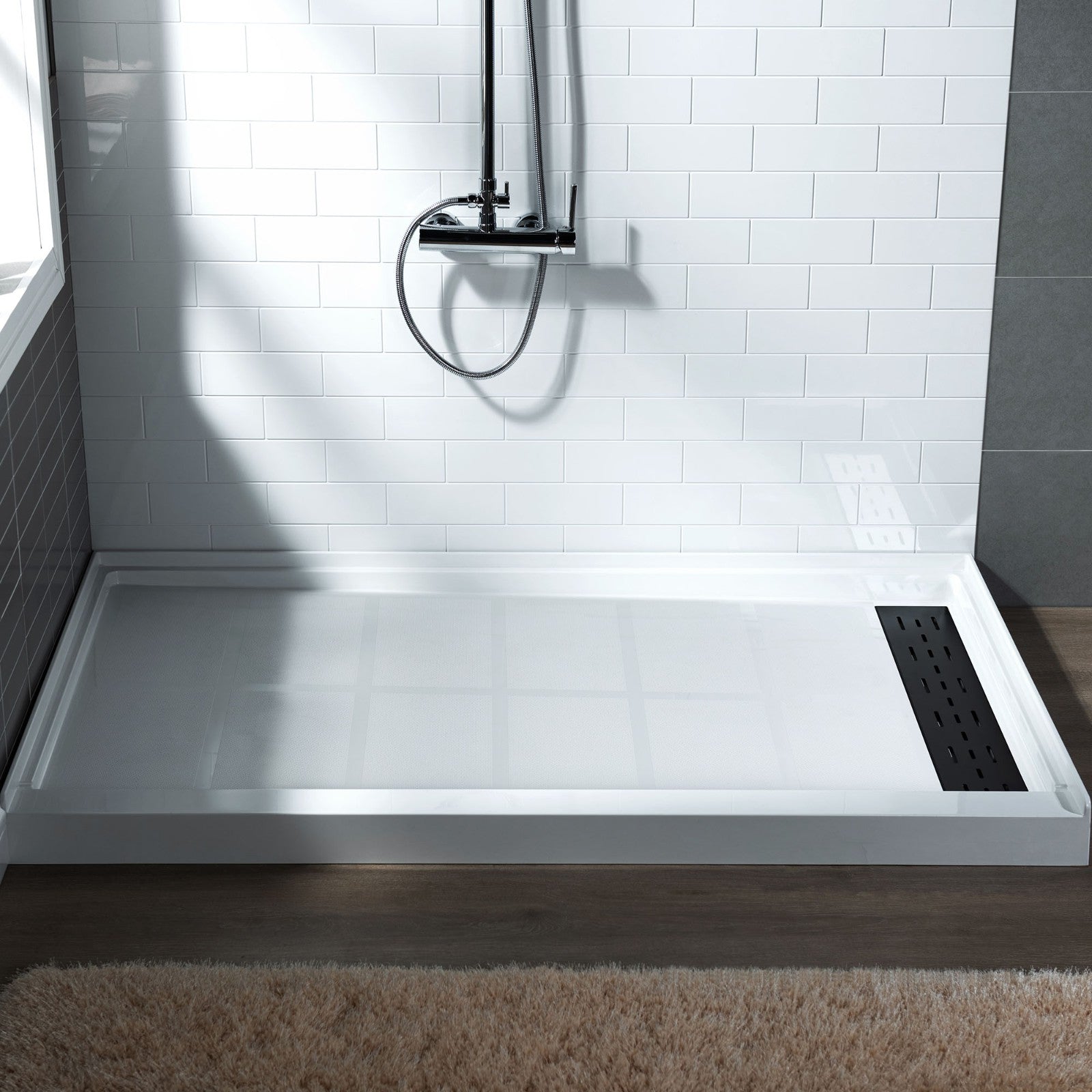 WOODBRIDGE SBR6036-1000R-MB SolidSurface Shower Base with Recessed Trench Side Including Matte Black Linear Cover, 60" L x 36" W x 4" H,Right Drain White Color