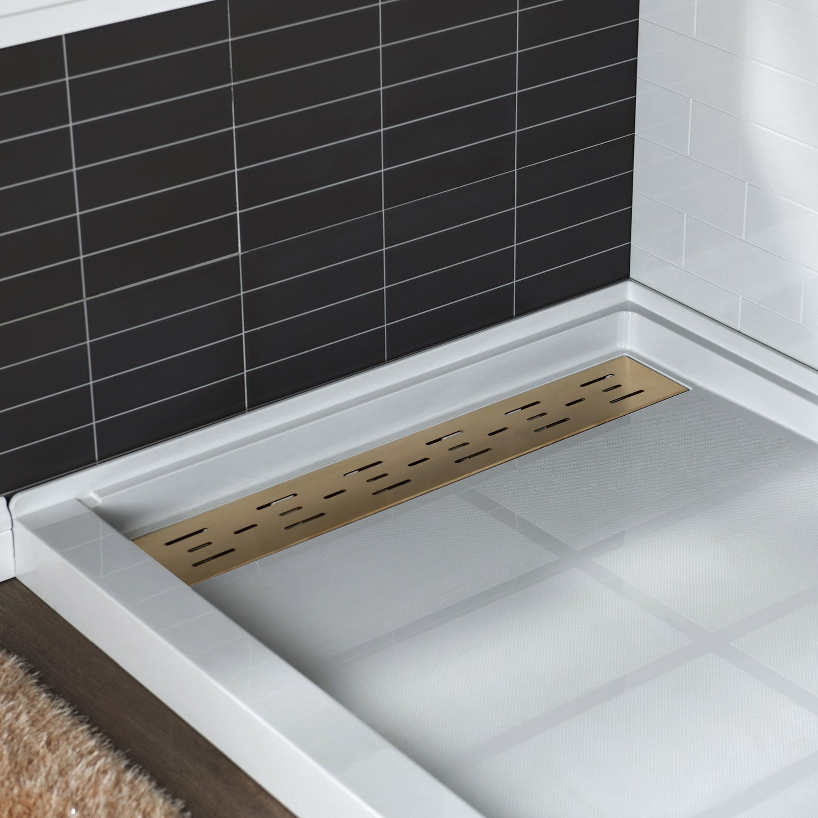 WOODBRIDGE SBR6036-1000L-BG SolidSurface Shower Base with Recessed Trench Side Including Brushed Gold Linear Cover, 60" L x 36" W x 4" H,Left Drain White Color