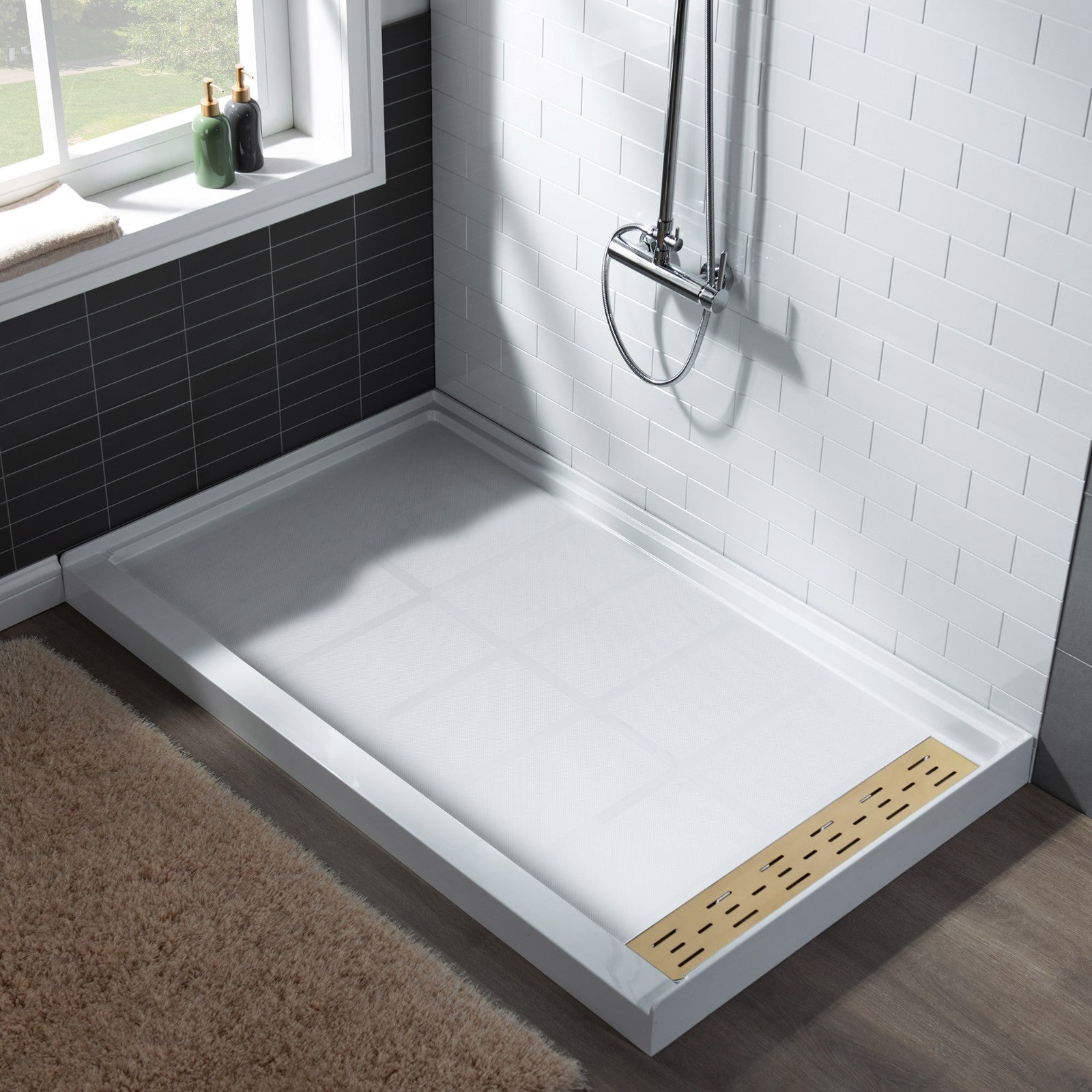 WOODBRIDGE SBR6036-1000R-BG SolidSurface Shower Base with Recessed Trench Side Including Brushed Gold Linear Cover, 60" L x 36" W x 4" H,Right Drain White Color