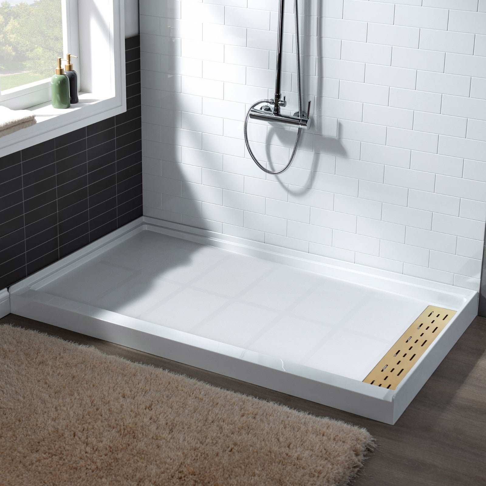 WOODBRIDGE SBR6036-1000R-BG SolidSurface Shower Base with Recessed Trench Side Including Brushed Gold Linear Cover, 60" L x 36" W x 4" H,Right Drain White Color