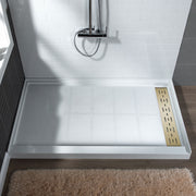 WOODBRIDGE SBR6036-1000R-BG SolidSurface Shower Base with Recessed Trench Side Including Brushed Gold Linear Cover, 60" L x 36" W x 4" H,Right Drain White Color