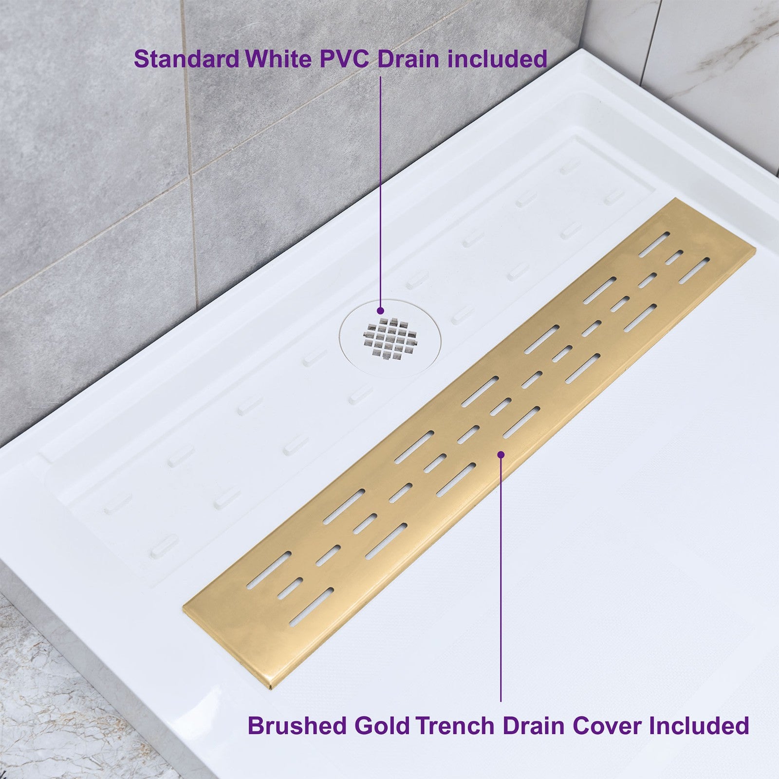 WOODBRIDGE SBR6036-1000R-BG SolidSurface Shower Base with Recessed Trench Side Including Brushed Gold Linear Cover, 60" L x 36" W x 4" H,Right Drain White Color