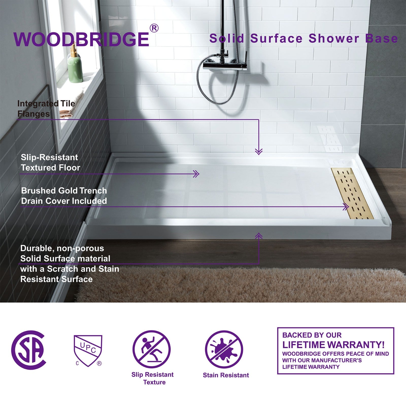 WOODBRIDGE SBR6036-1000R-BG SolidSurface Shower Base with Recessed Trench Side Including Brushed Gold Linear Cover, 60" L x 36" W x 4" H,Right Drain White Color