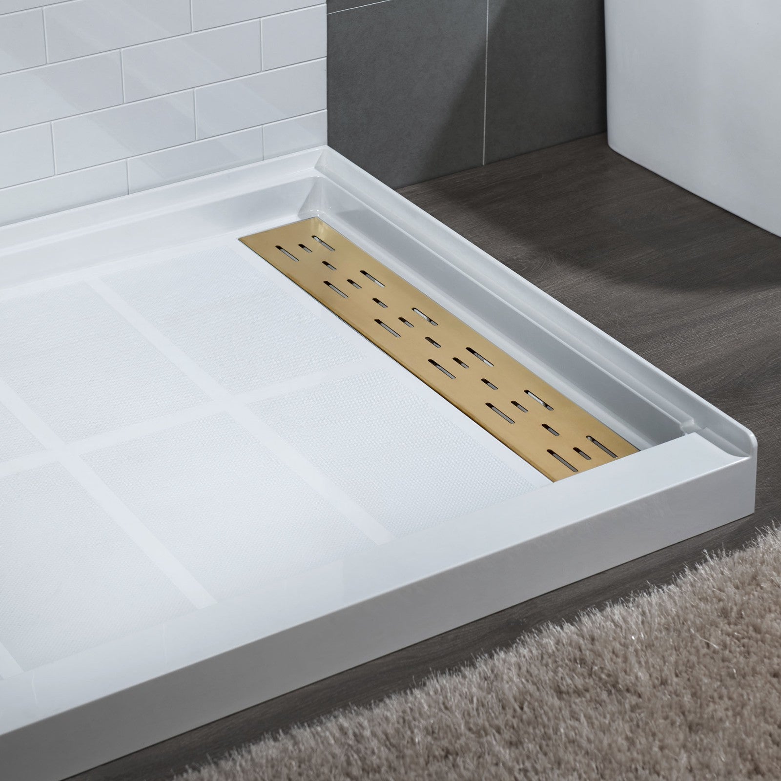 WOODBRIDGE SBR6036-1000R-BG SolidSurface Shower Base with Recessed Trench Side Including Brushed Gold Linear Cover, 60" L x 36" W x 4" H,Right Drain White Color