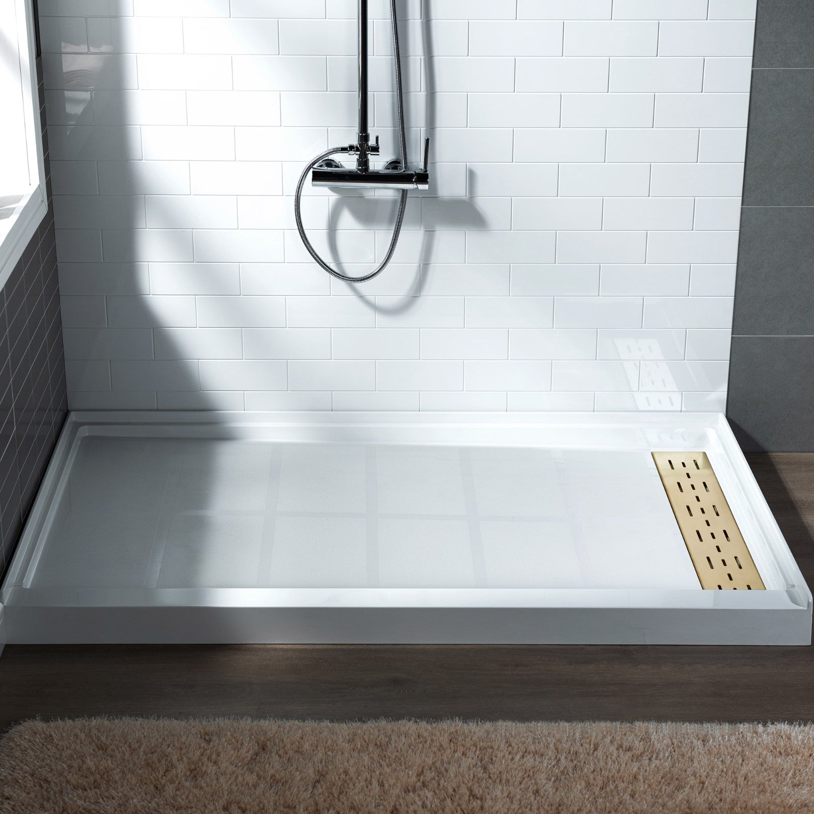 WOODBRIDGE SBR6036-1000R-BG SolidSurface Shower Base with Recessed Trench Side Including Brushed Gold Linear Cover, 60" L x 36" W x 4" H,Right Drain White Color