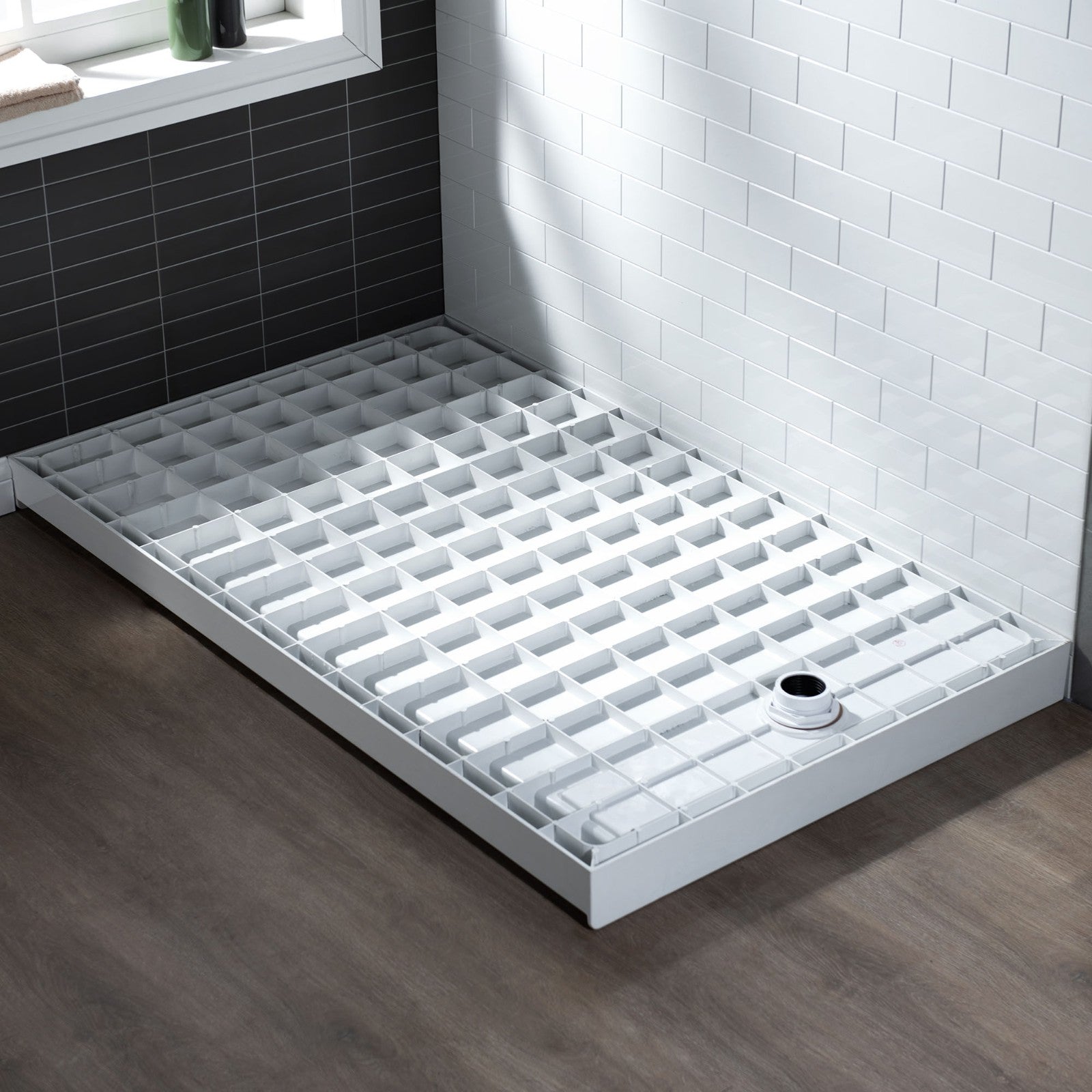 WOODBRIDGE SBR6036-1000R-BG SolidSurface Shower Base with Recessed Trench Side Including Brushed Gold Linear Cover, 60" L x 36" W x 4" H,Right Drain White Color