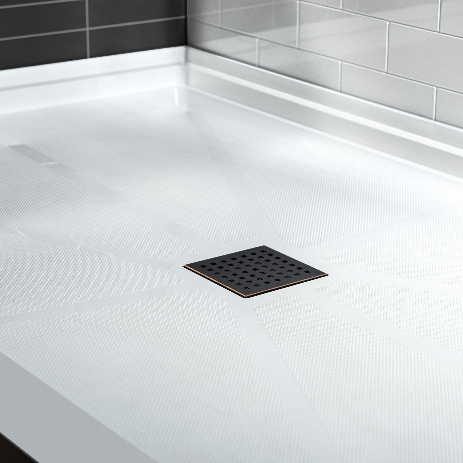 WOODBRIDGE SBR6036-1000C-ORB SolidSurface Shower Base with Recessed Trench Side Including Oil Rubbed Bronze Linear Cover, 60" L x 36" W x 4" H,Center Drain White Color