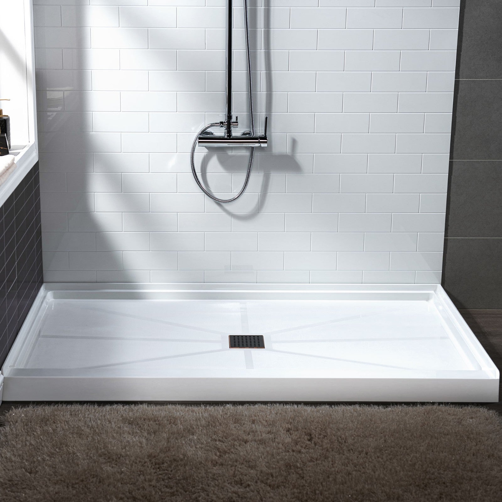 WOODBRIDGE SBR6036-1000C-ORB SolidSurface Shower Base with Recessed Trench Side Including Oil Rubbed Bronze Linear Cover, 60" L x 36" W x 4" H,Center Drain White Color