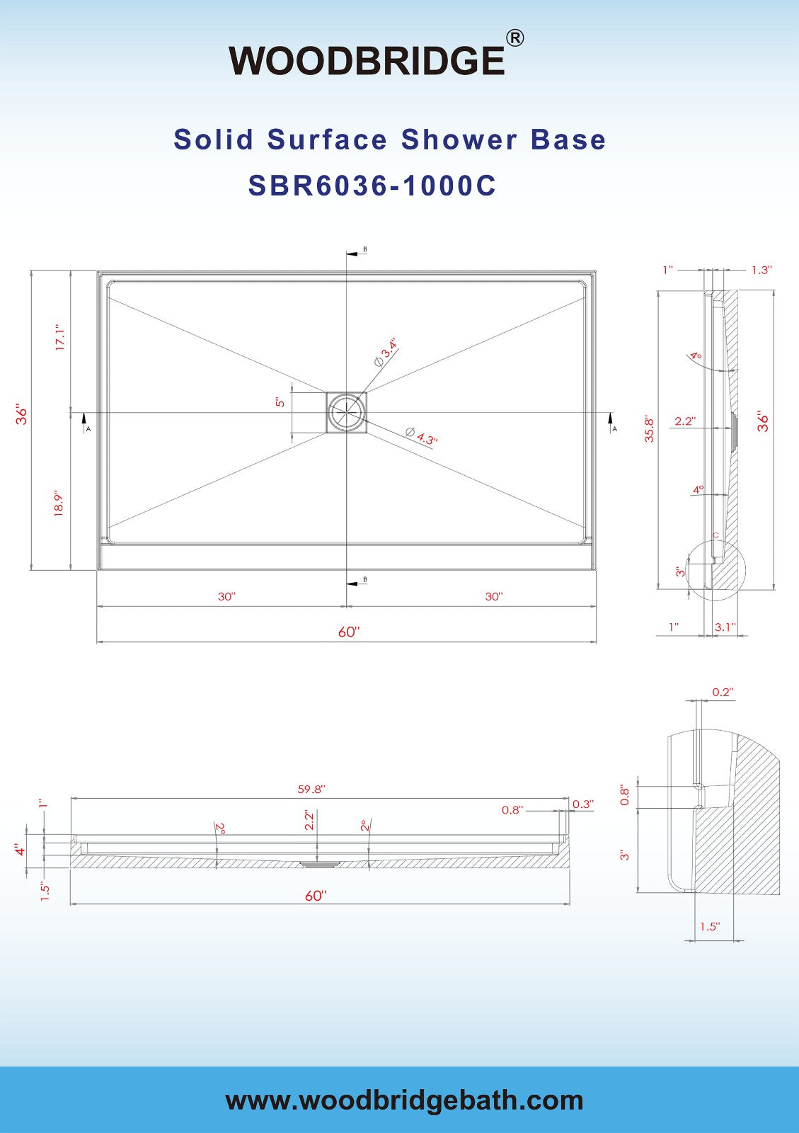 WOODBRIDGE SBR6036-1000C-ORB SolidSurface Shower Base with Recessed Trench Side Including Oil Rubbed Bronze Linear Cover, 60" L x 36" W x 4" H,Center Drain White Color