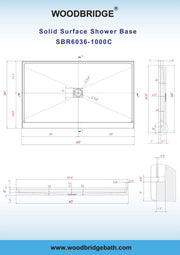 WOODBRIDGE SBR6036-1000C-ORB SolidSurface Shower Base with Recessed Trench Side Including Oil Rubbed Bronze Linear Cover, 60" L x 36" W x 4" H,Center Drain White Color