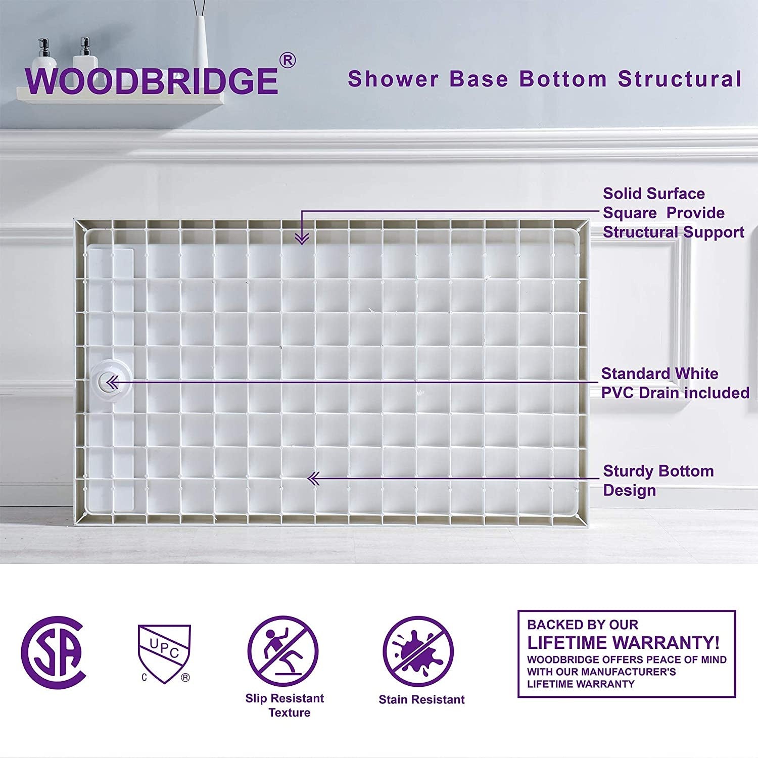 WOODBRIDGE SBR6036-1000L-ORB SolidSurface Shower Base with Recessed Trench Side Including Oil Rubbed Bronze Linear Cover, 60" L x 36" W x 4" H,Left Drain White Color
