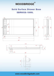 WOODBRIDGE SBR6036-1000L Solid Surface Shower Base with Recessed Trench Side Including Stainless Steel Linear Cover, 60" L x 36" W x 4" H,Left Drain White Color