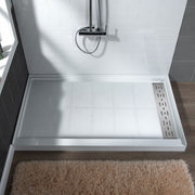 WOODBRIDGE SBR6036-1000R Solid Surface Shower Base with Recessed Trench Side Including Stainless Steel Linear Cover, 60" L x 36" W x 4" H,Right Drain White Color