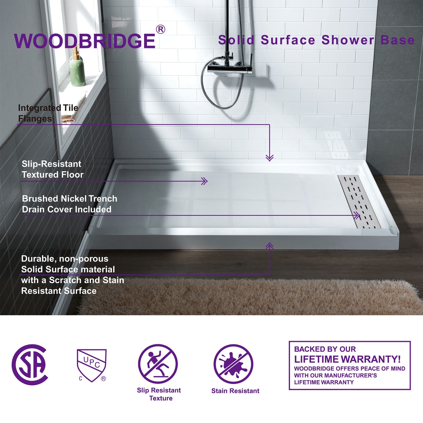 WOODBRIDGE SBR6036-1000R Solid Surface Shower Base with Recessed Trench Side Including Stainless Steel Linear Cover, 60" L x 36" W x 4" H,Right Drain White Color