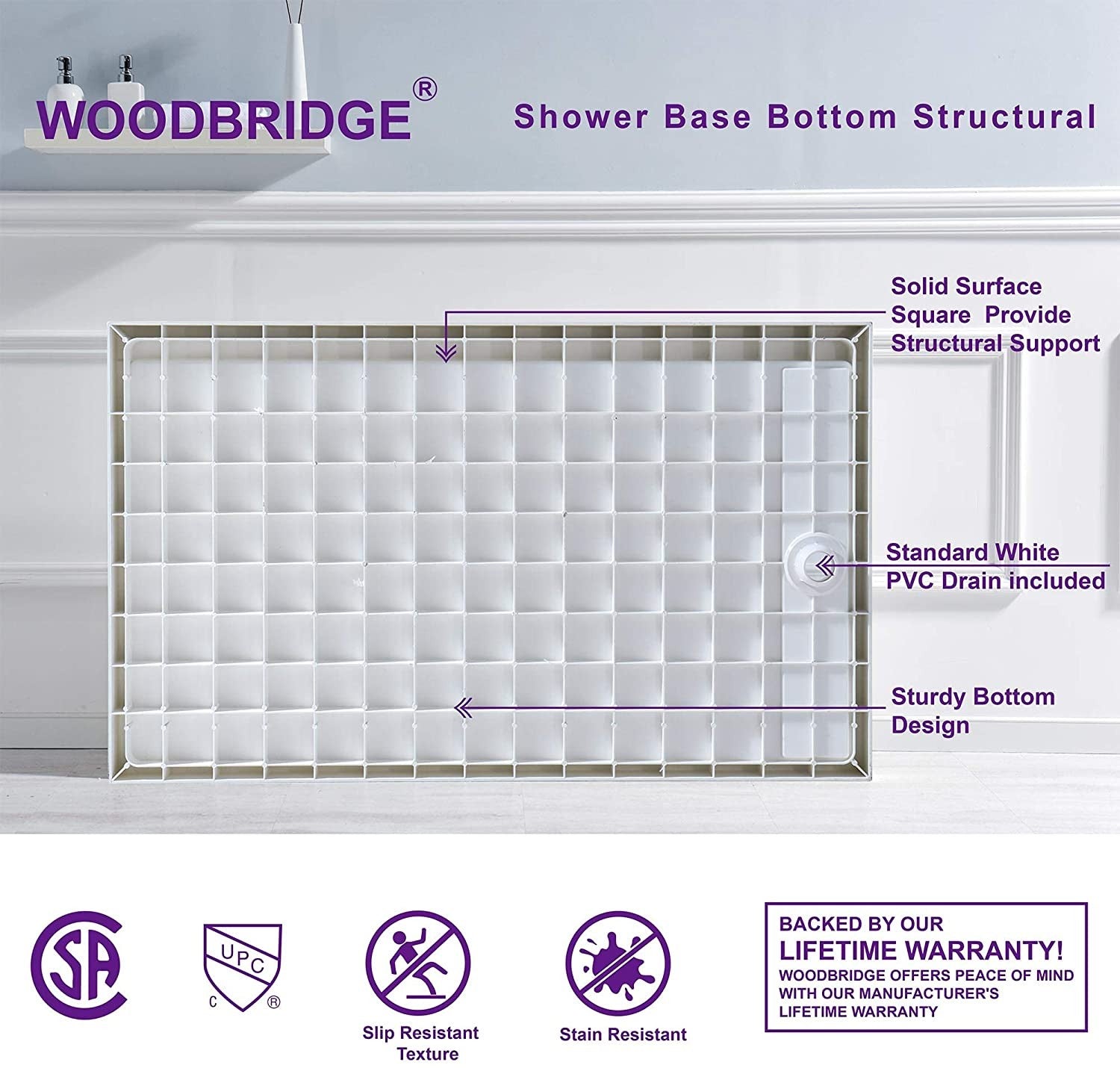 WOODBRIDGE SBR6036-1000R Solid Surface Shower Base with Recessed Trench Side Including Stainless Steel Linear Cover, 60" L x 36" W x 4" H,Right Drain White Color