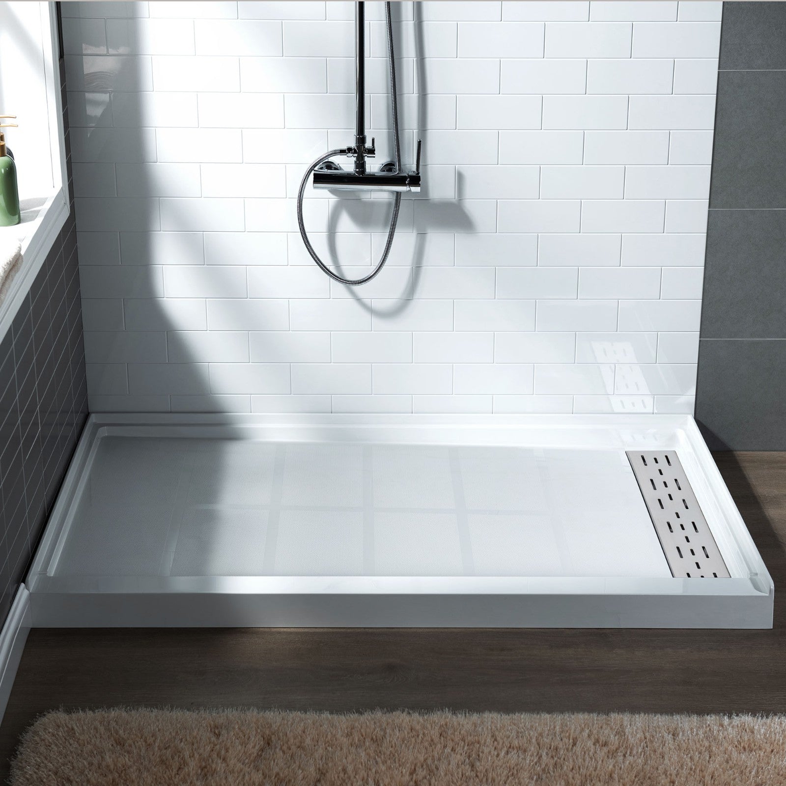 WOODBRIDGE SBR6036-1000R Solid Surface Shower Base with Recessed Trench Side Including Stainless Steel Linear Cover, 60" L x 36" W x 4" H,Right Drain White Color