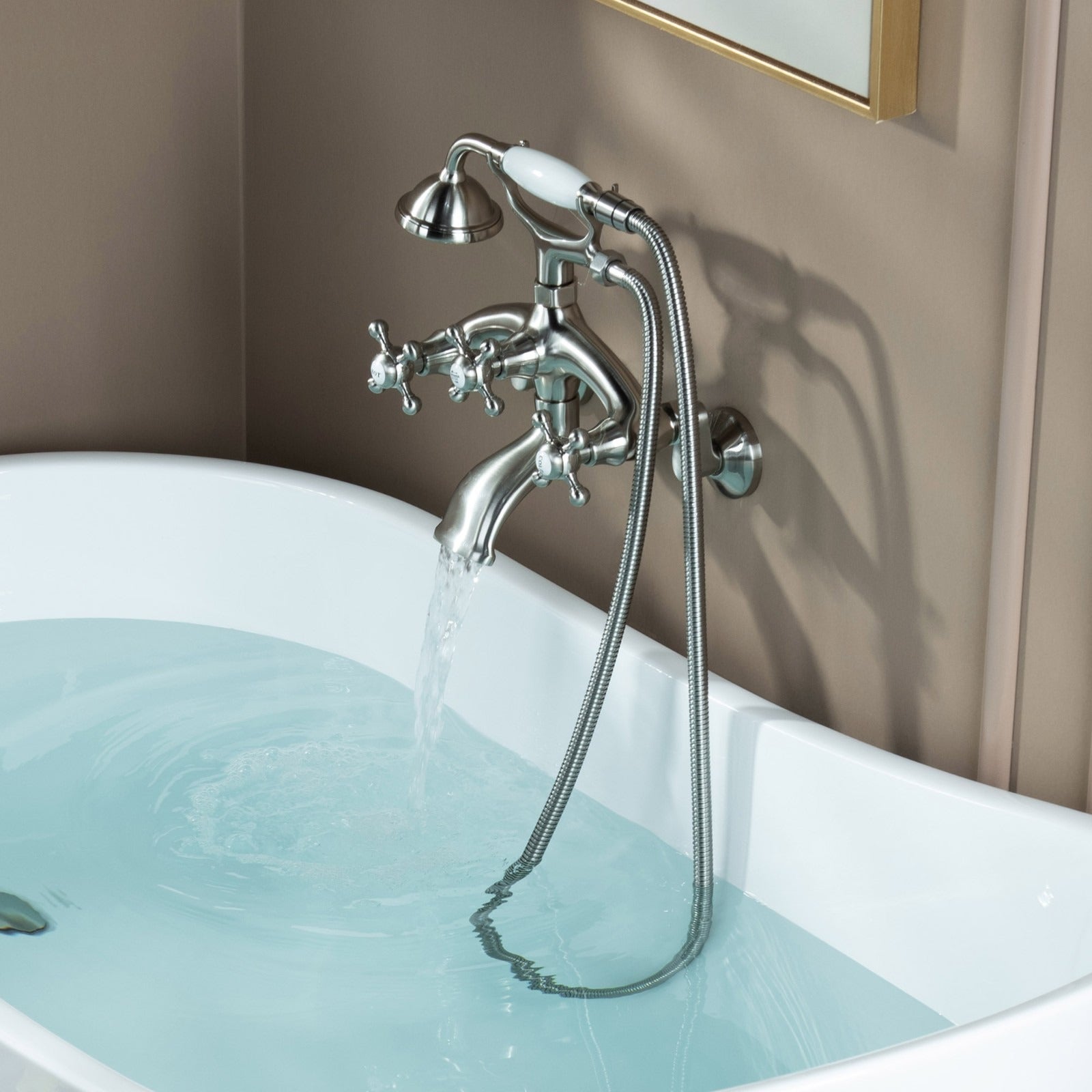 WOODBRIDGE Wall Mount Adjustable Centers Bathtub Faucet with 3 Metal Cross Handles and Telephone Style Hand Shower, F003