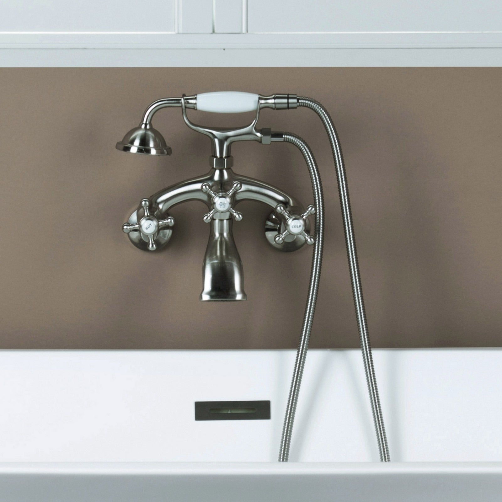 WOODBRIDGE Wall Mount Adjustable Centers Bathtub Faucet with 3 Metal Cross Handles and Telephone Style Hand Shower, F003